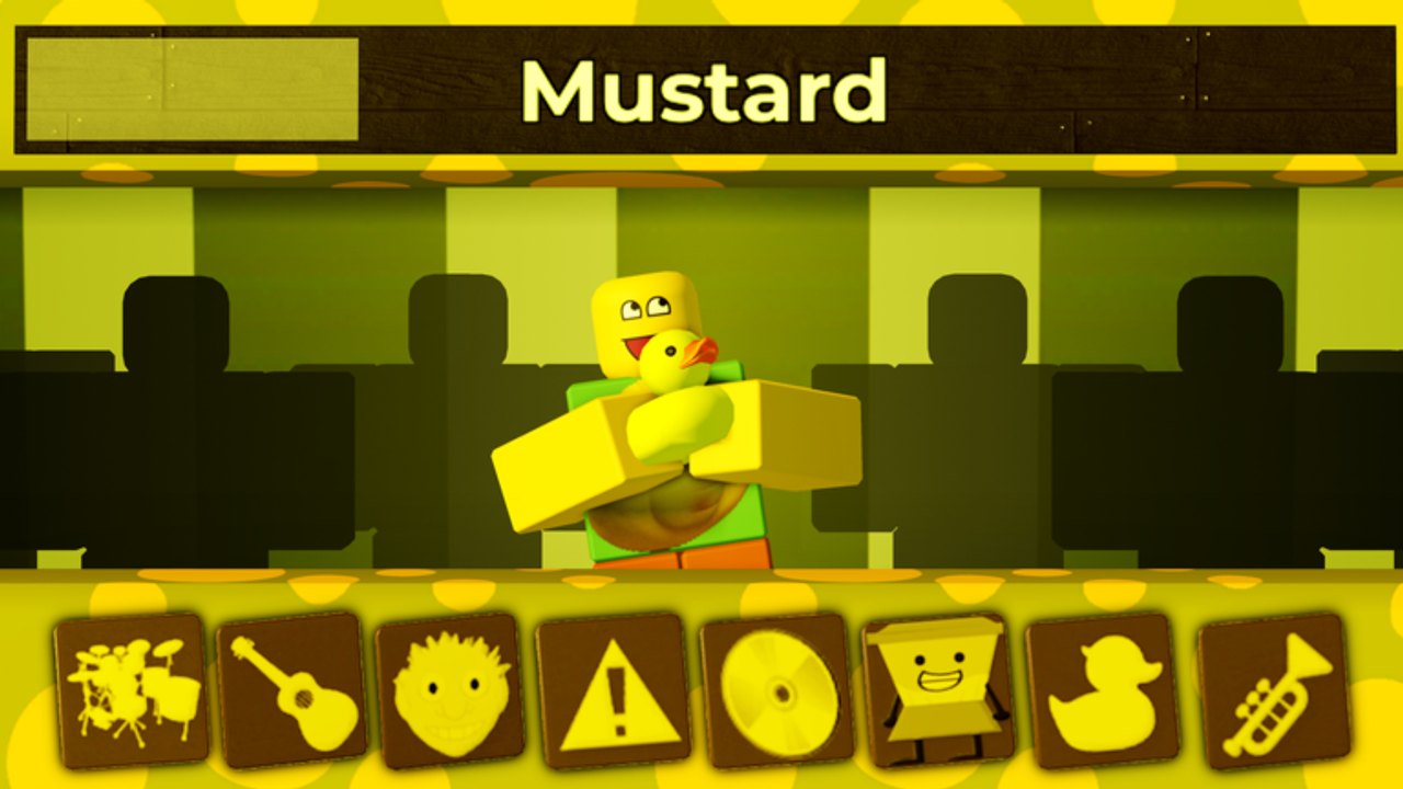Mustard Colorbox dummy hugging a rubber duck in Incredible Blox, with yellow instrument pads along the mixer bar