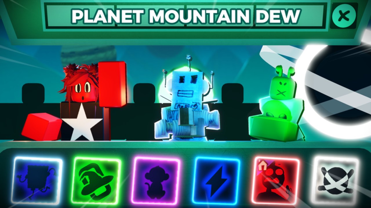 Planet Mountain Dew mod in Incredible Blox showing three glowing dummies and neon instrument icons on the pad row